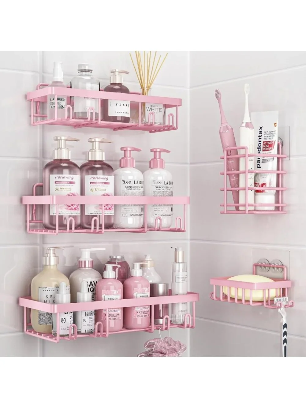 New 5 Pack Pink Adhesive Shower Caddy Organizer Rack Stainless Steel Shelf Set